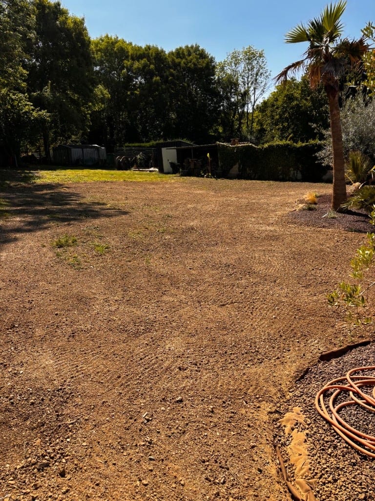 Avant : terrain nivelé en terre nue, prêt pour engazonnement, bordé d'arbres et d'abris de jardin