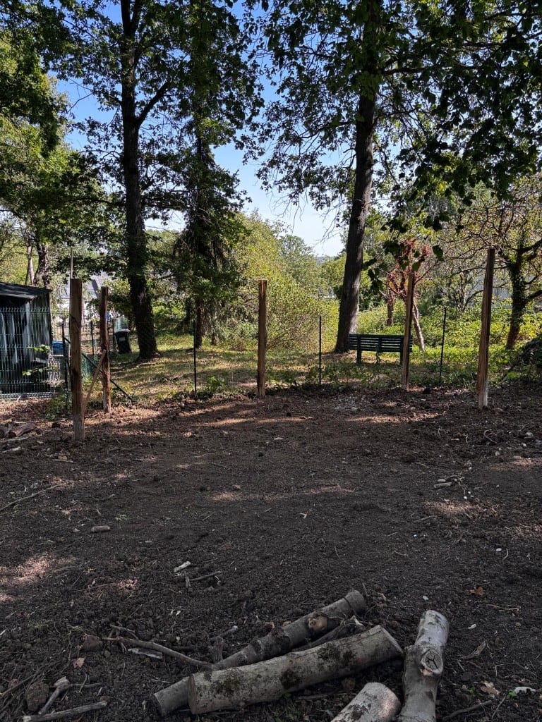 Terrassement de jardin : sol décapé et poteaux mis en place